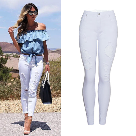 Elegant White Ripped Pencil Pants – High Waist Slim Fit Distressed Denim for Women