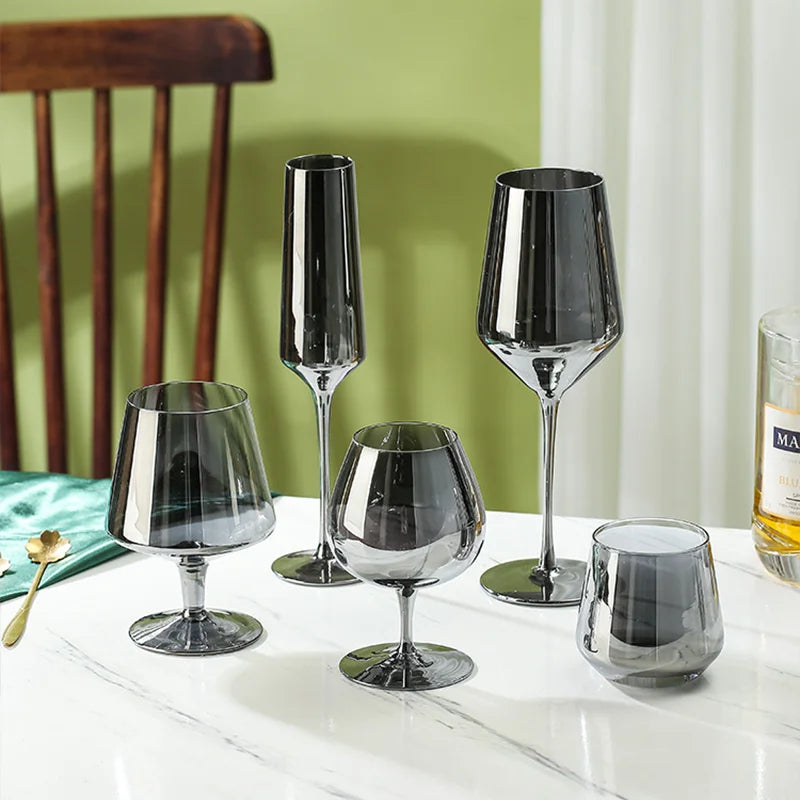 Luxury Electroplated Smoky Gray Crystal Glass | Modern Black Brandy & Whiskey Goblet