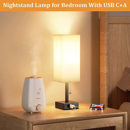 Modern Square Linen Desk Lamp with Dual USB Ports – 3 Color Modes & Pull Chain Switch for Bedroom
