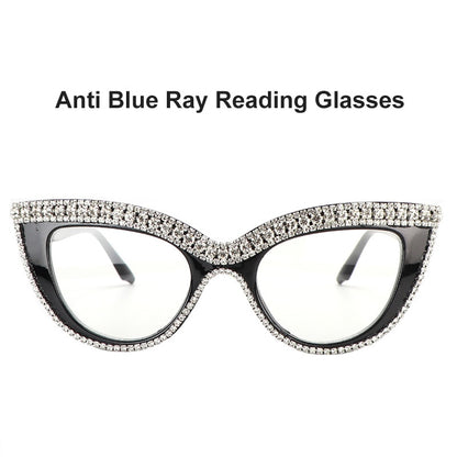 Luxury Cat Eye Anti-Blue Light Reading Glasses - Rhinestone Trim Presbyopic Eyewear for Women