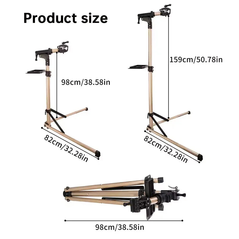 Adjustable bicycle repair stand with tray, shown upright and folded, labeled dimensions in cm and inches.