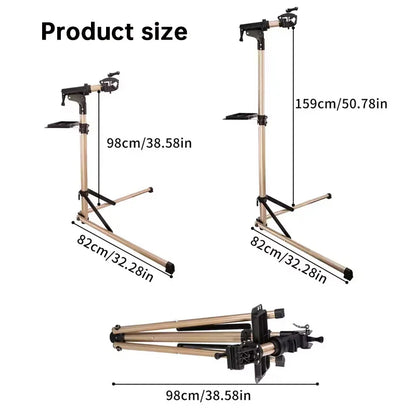 Adjustable bicycle repair stand with tray, shown upright and folded, labeled dimensions in cm and inches.
