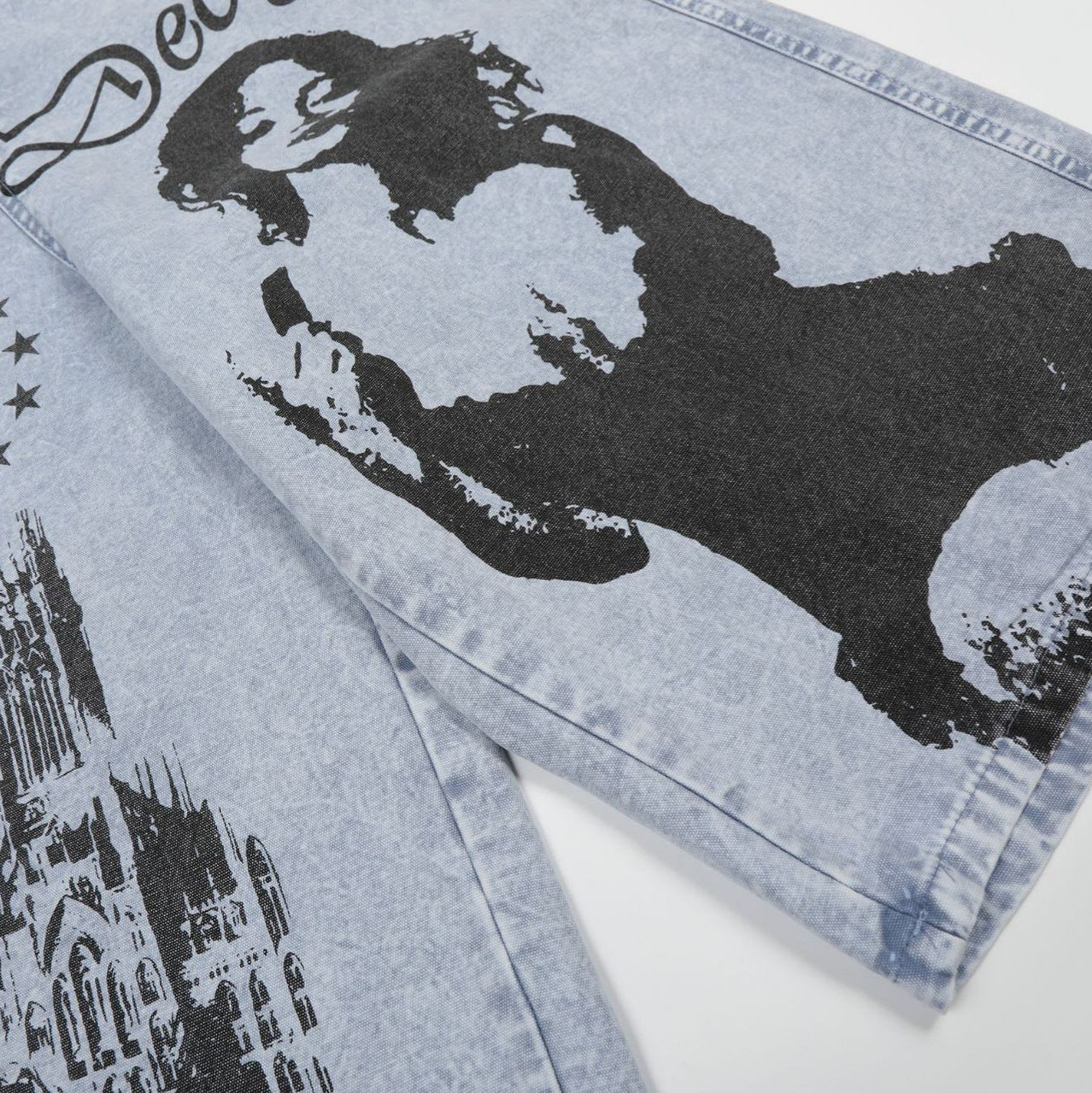 Urban Aesthetic Graphic Print Wide Leg Jeans - High Street Washed Denim Culottes