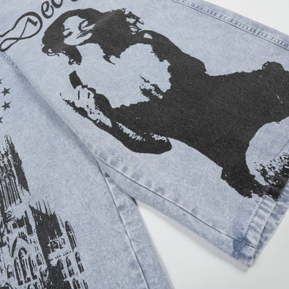 Urban Aesthetic Graphic Print Wide Leg Jeans - High Street Washed Denim Culottes