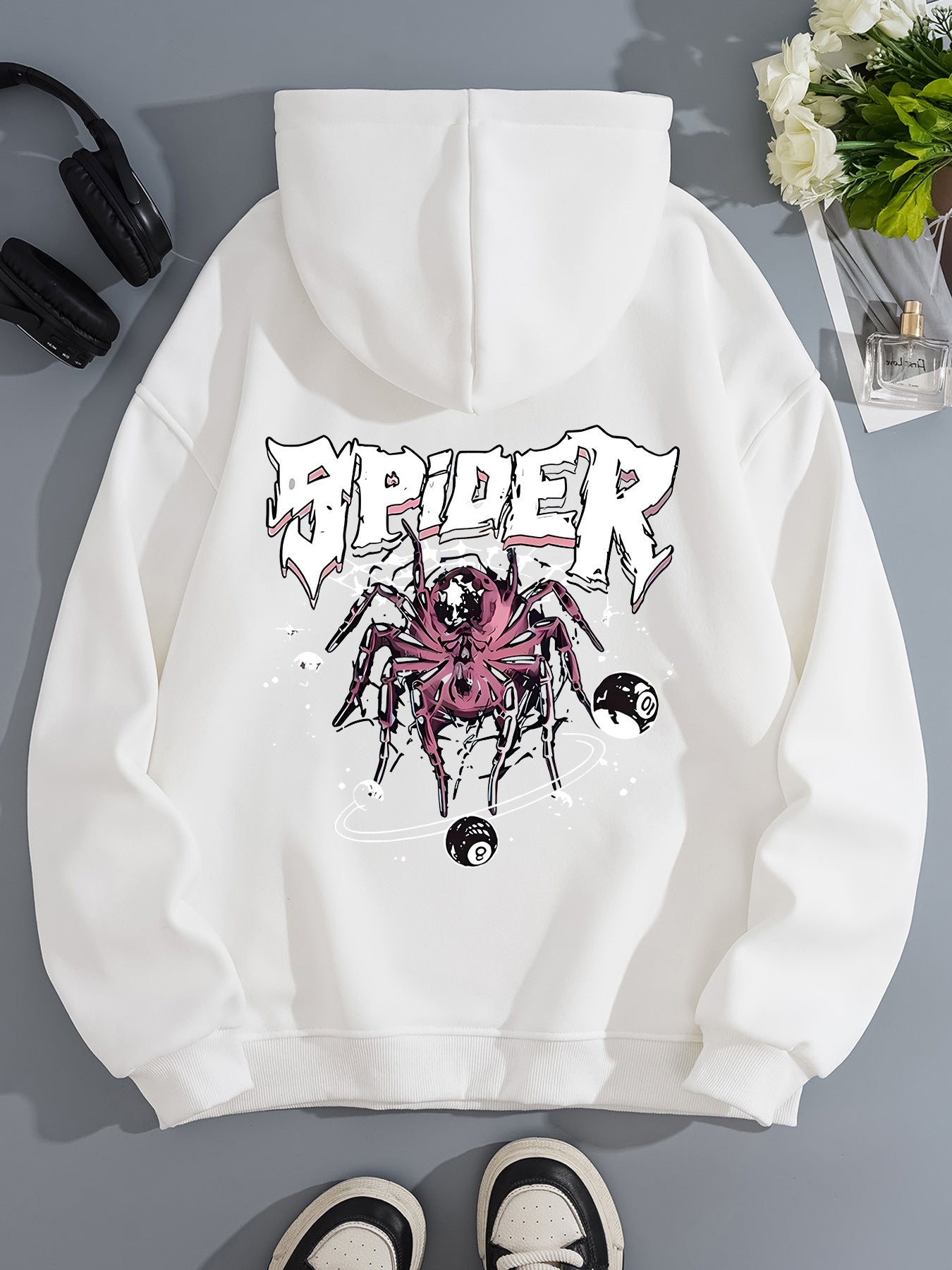 Grunge Spider Graphic Print Hoodie | Oversized Lavender Pullover for Streetwear