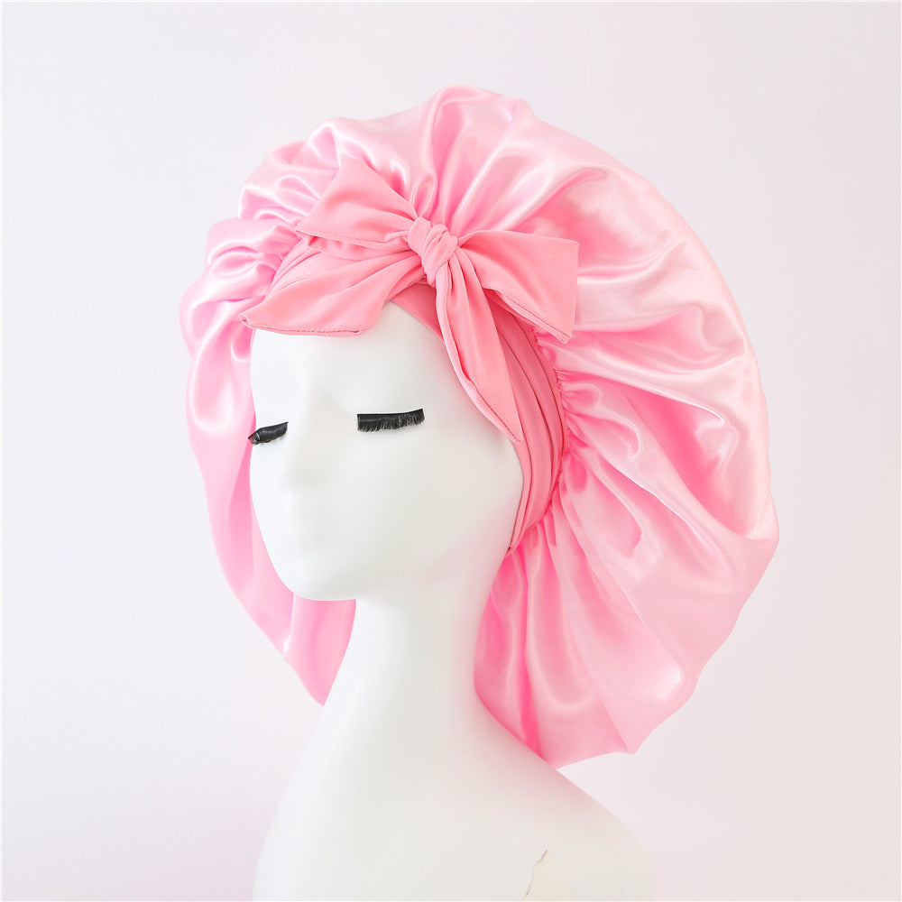 Wide-Brimmed Satin Bonnets with Elastic Ribbon Bow | Solid Color Hairdressing Sleep Cap