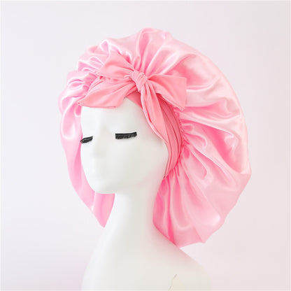 Wide-Brimmed Satin Bonnets with Elastic Ribbon Bow | Solid Color Hairdressing Sleep Cap