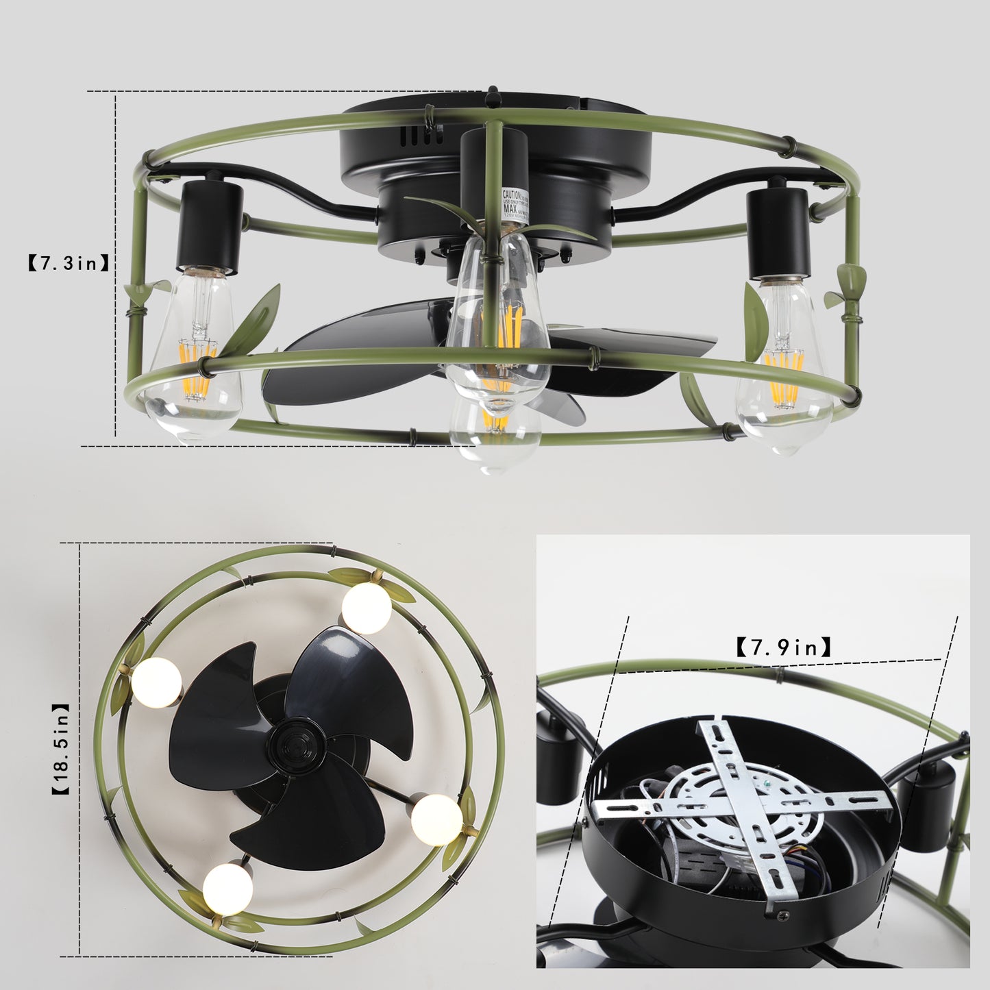Modern Low Profile Caged Ceiling Fan with Lights – Remote Controlled Flush Mount Fan for Bedroom & Dining