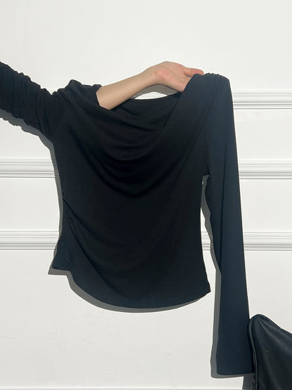 Chic Solid Black Ruched Off-the-Shoulder Casual Top for Women