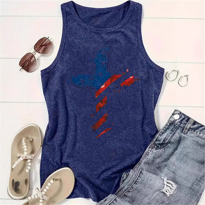 Sleeveless Top T-Shirt Round Neck Pullover | Patriotic American Flag Cross Graphic Tank