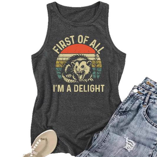 First of All, I'm a Delight' Lion Print Loose Vest | Funny Slogan Graphic Tank Top