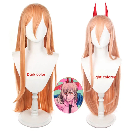 Chainsaw Man Power (Pawa) Cosplay Wig | Long Orange Layered Anime Wig with Horns