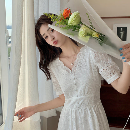 Sweet French Embroidered White Long Dress - Summer Elegant V-Neck Short Sleeve Maxi Skirt for Women