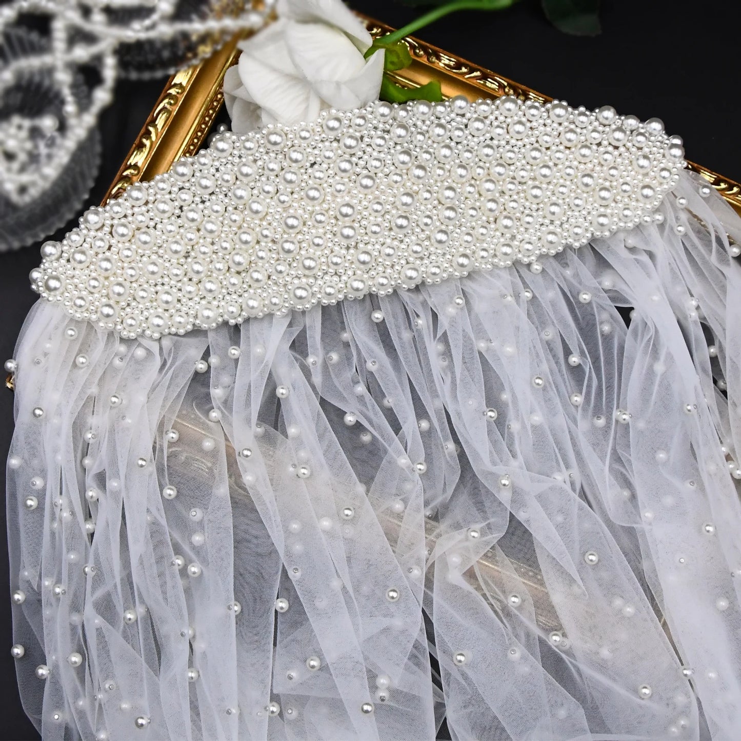 Royal Cathedral Length Wedding Veil with Pearl Beaded Headband / Extra Long Bridal Veil with Comb Hair Accessories