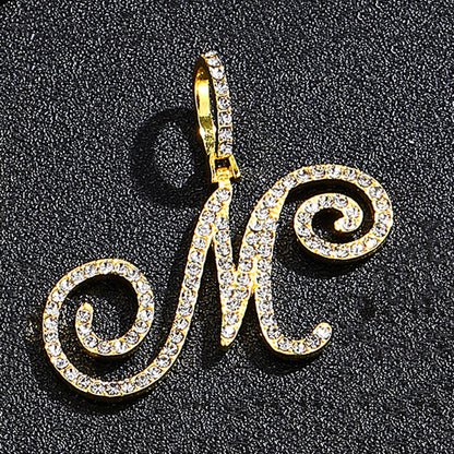Iced Out Initial Letter Pendant Cuban Chain Necklace