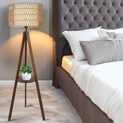 Boho Wooden Tripod Floor Lamp – Elegant Standing Lamp with Rattan Shade & Built-in Shelf for Bedroom Decor