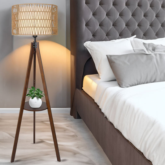 Boho Wooden Tripod Floor Lamp – Elegant Standing Lamp with Rattan Shade & Built-in Shelf for Bedroom Decor