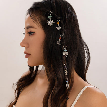 Alloy Hair Clip Chains with Sun, Moon & Pearl Charms - Versatile Hip-Hop Style