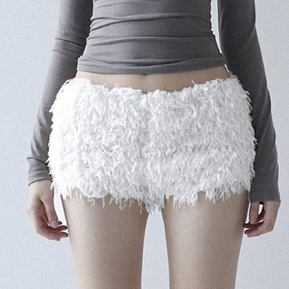 Cozy Snow White Fuzzy Fleece Lounge Shorts – Soft Warm Winter Home Wear for Women