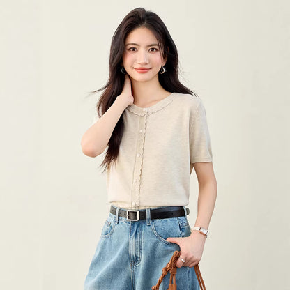Chic Ice Silk Knit Short Sleeve Top - Lightweight Casual T-Shirt for Women