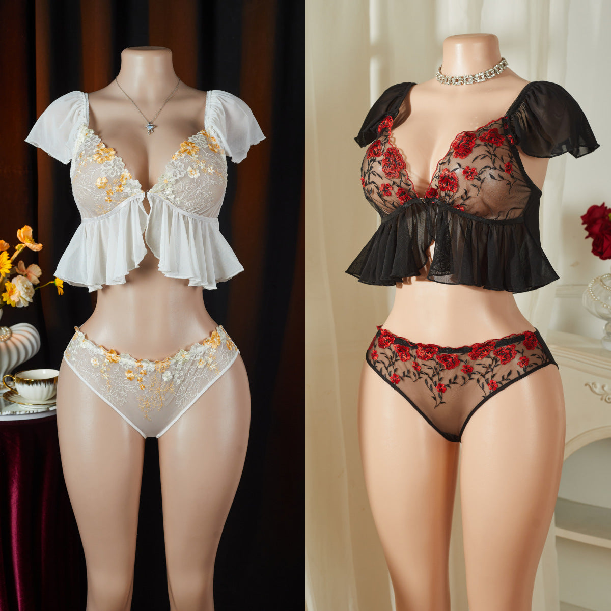 Sexy Perspective Mesh Underwear Set - Cap Sleeve Ruffle Top and Panty