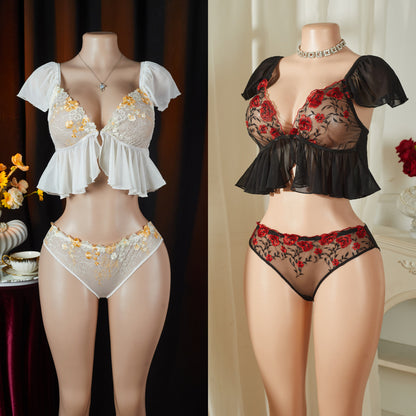 Sexy Perspective Mesh Underwear Set - Cap Sleeve Ruffle Top and Panty