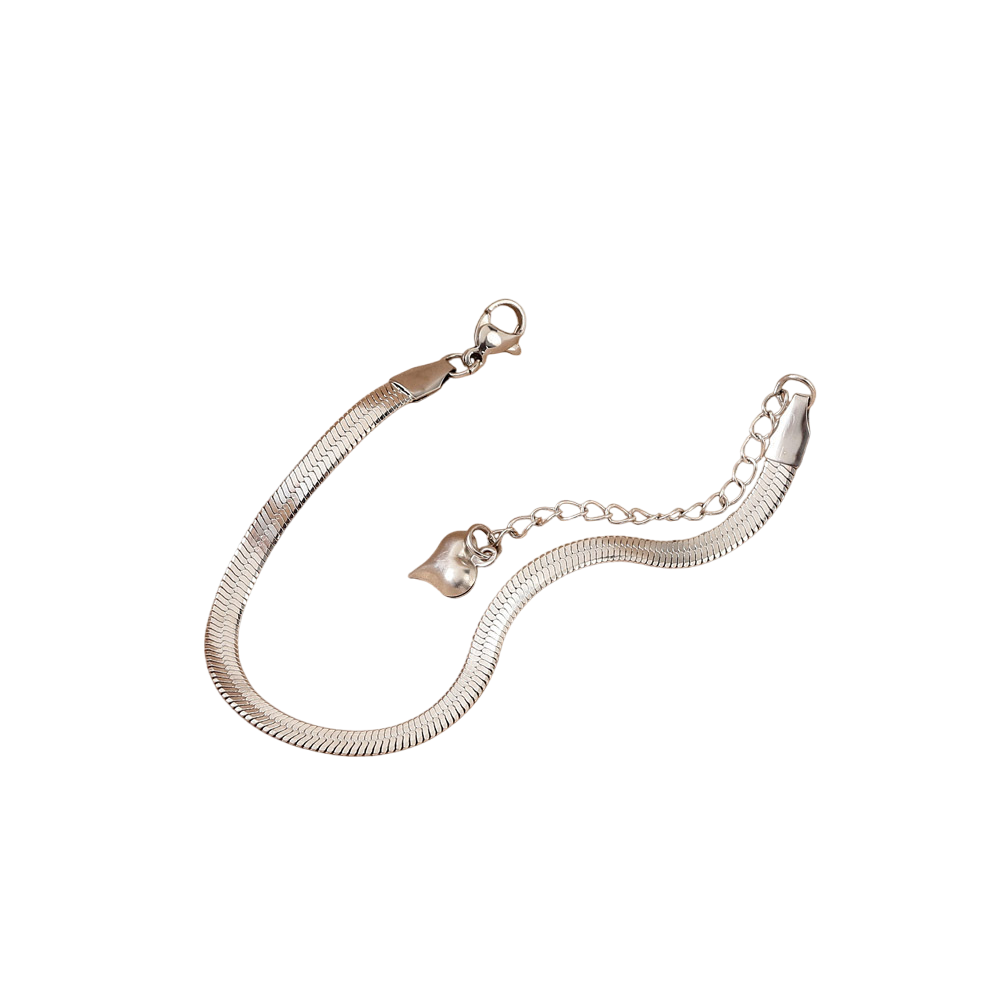 Minimalist Herringbone Flat Chain Heart Charm Bracelet for Women