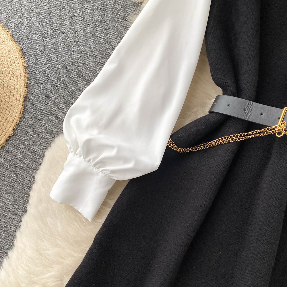French Style 2-Piece Knit Vest & Shirt Dress Set - Elegant Contrast Waist-Cinching Autumn Suit