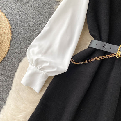 French Style 2-Piece Knit Vest & Shirt Dress Set - Elegant Contrast Waist-Cinching Autumn Suit