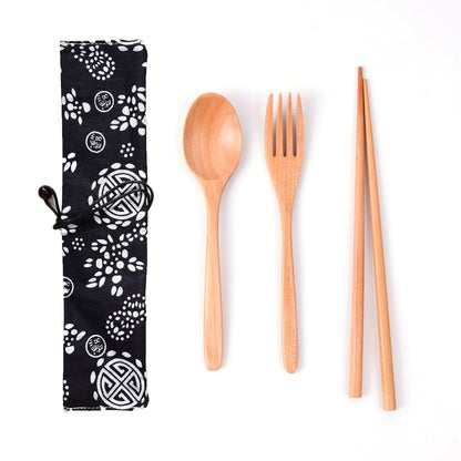 Japanese Style 3-Piece Portable Wooden Cutlery Set with Pouch