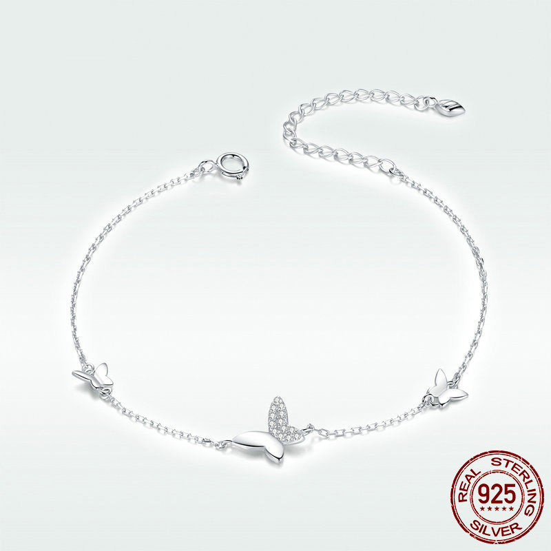 Delicate 925 Silver Link Bracelet with Paved & Solid Butterflies