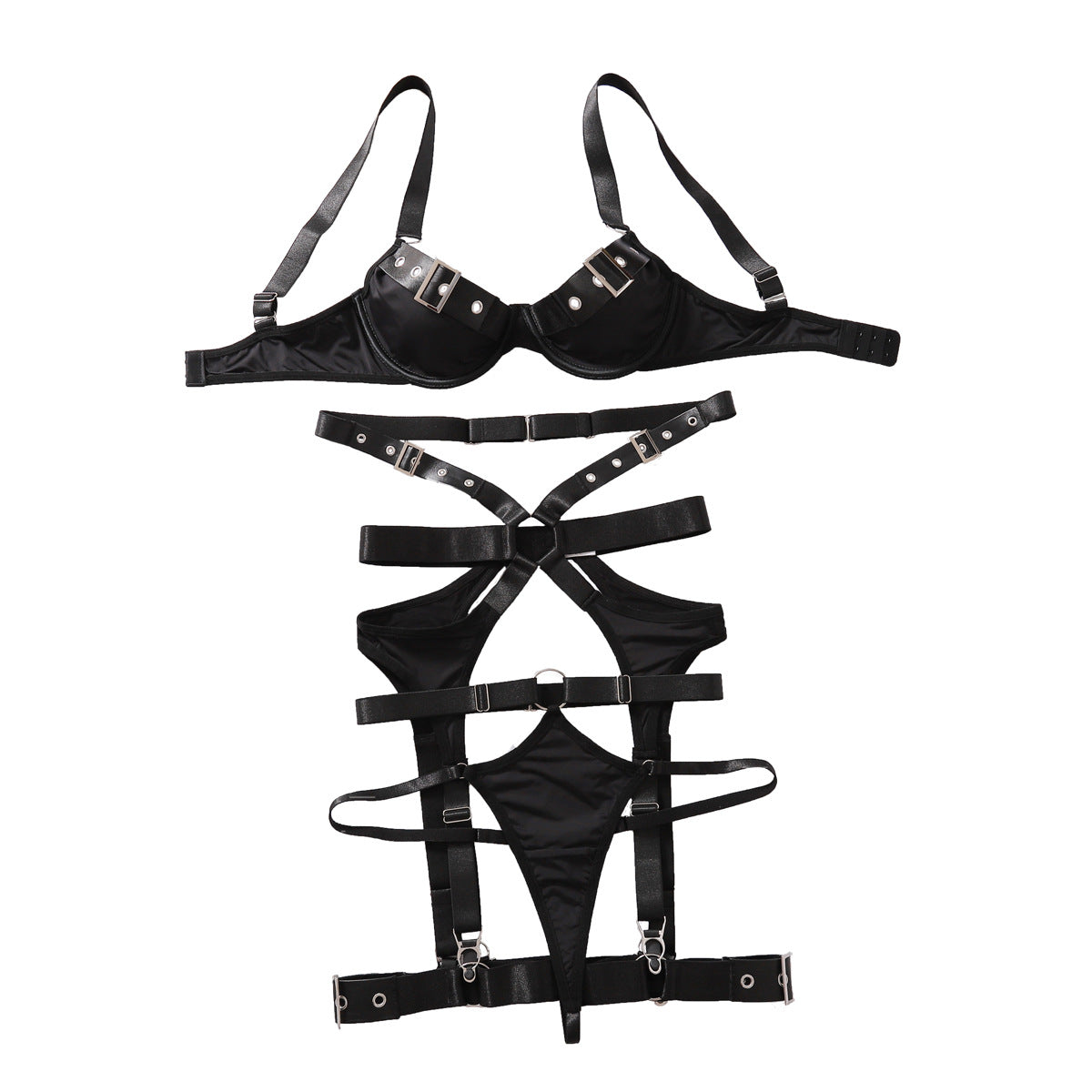 Black Strappy Harness Lingerie Set with Rings & Cages