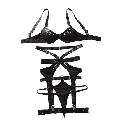 Black Strappy Harness Lingerie Set with Rings & Cages