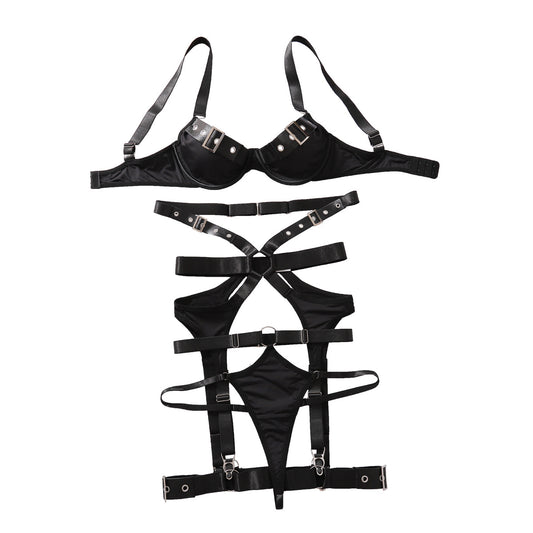 Black Strappy Harness Lingerie Set with Rings & Cages