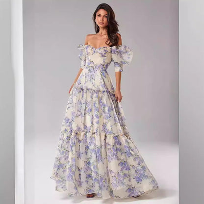 Elegant Off-Shoulder Organza Floral Maxi Dress - Premium Long Evening Gown for Women
