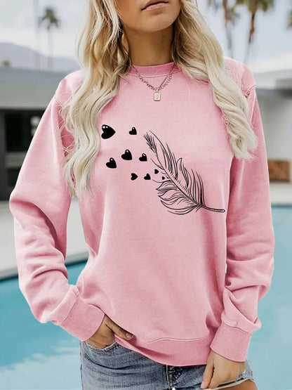 Feather & Heart Print Grey Sweatshirt | Cozy Long Sleeve Pullover for Women