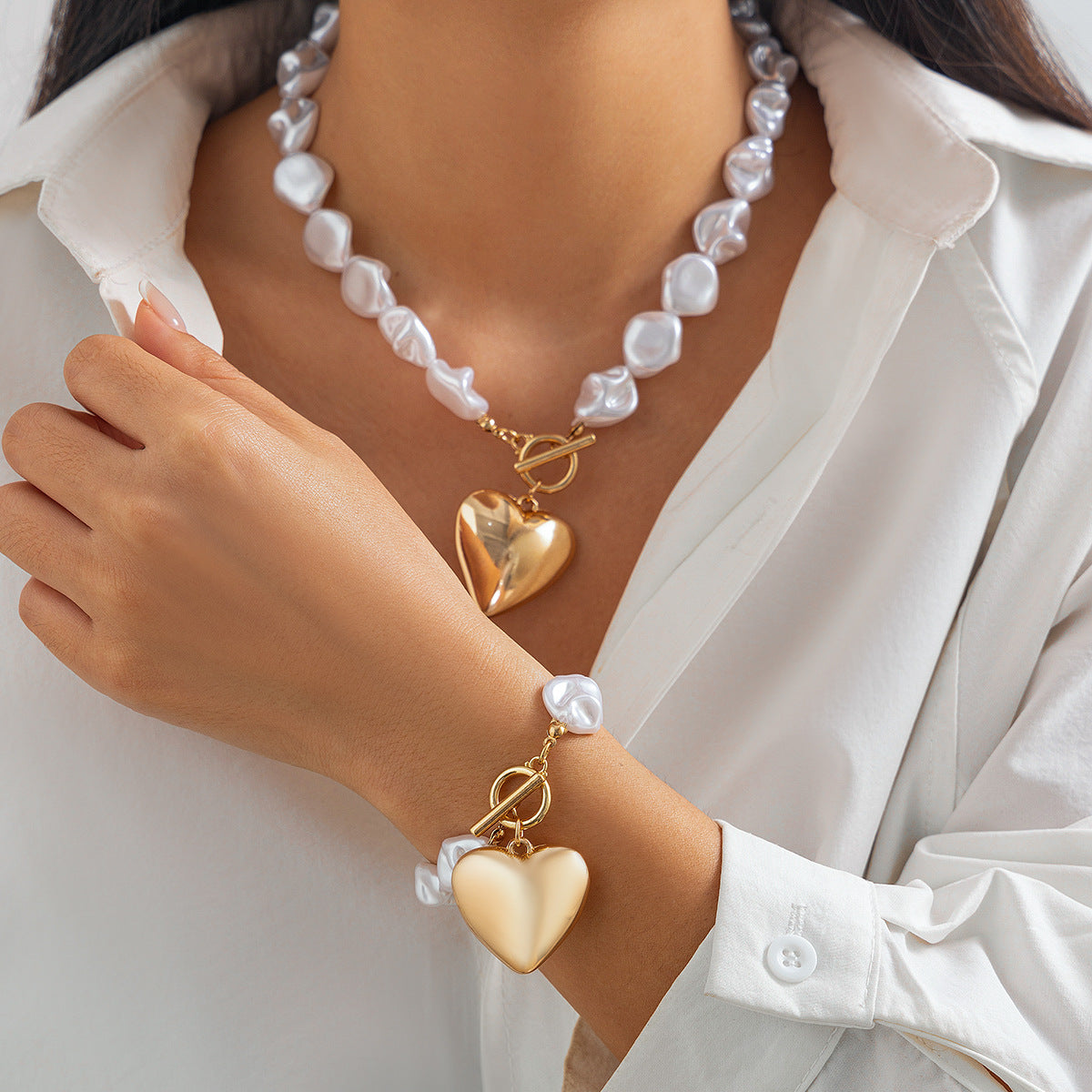 Baroque Pearl Necklace & Bracelet Set with Large Gold Heart Pendant