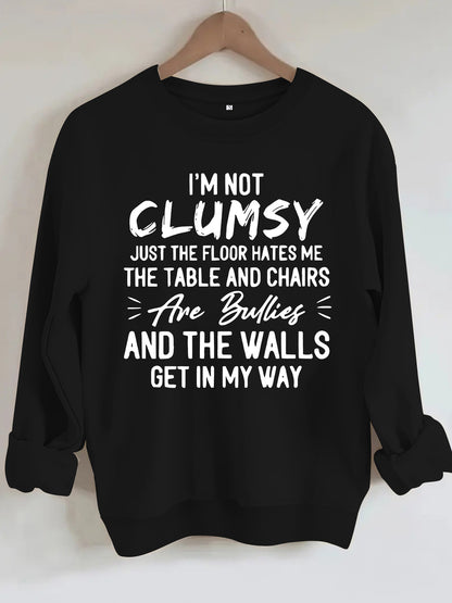unny "I'm Not Clumsy" Letter Print Sweatshirt | Loose Fit Grey Crewneck Pullover