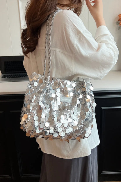 Sparkly Silver Sequin Bag with Braided Shoulder Strap (Hobo Style)