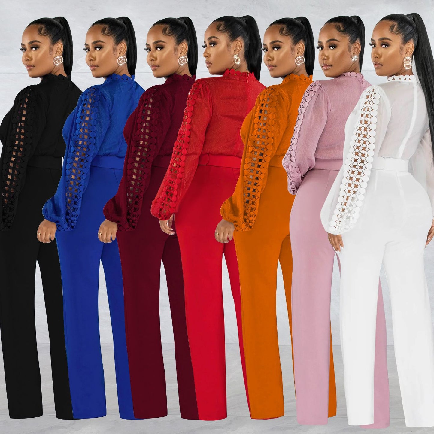 Chic Solid Color Long Sleeve Belted Jumpsuit - Elegant Ruffle Cut-out Party Trousers