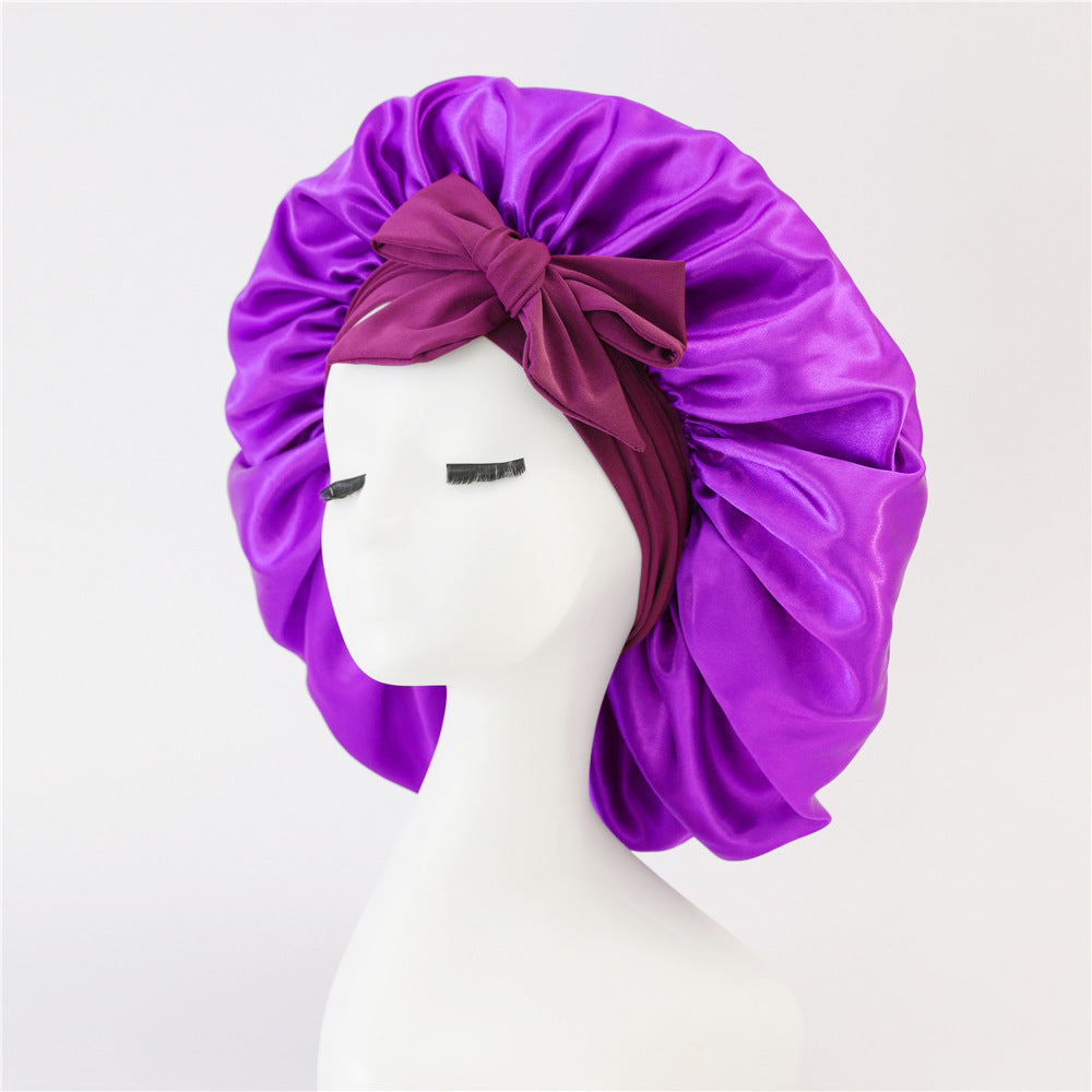 Wide-Brimmed Satin Bonnets with Elastic Ribbon Bow | Solid Color Hairdressing Sleep Cap