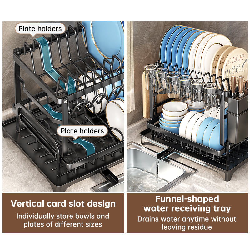 2-Tier Carbon Steel Dish Rack with Cutting Board & Utensil Holder