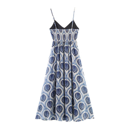 Elegant Printed Chiffon Maxi Dress - Loose Casual Strap Dress for Vacation