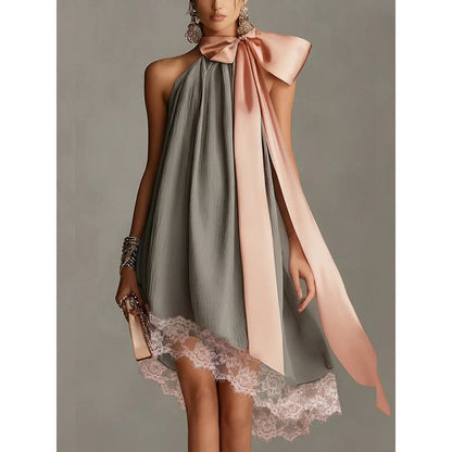Fashionable Loose Satin Ribbon Strapless Summer Vacation Dress with Lace Hem