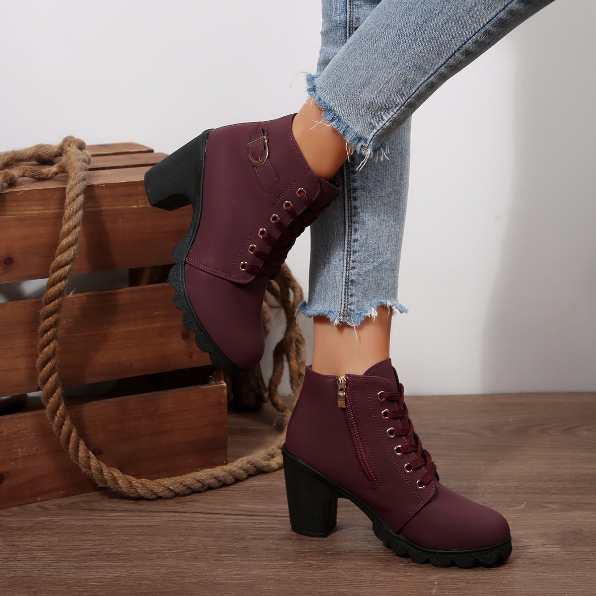 Women's Chunky High Heel Lace-Up Ankle Boots