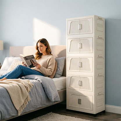 Multi-Tier Folding Storage Cabinet with Wheels | Stackable Wardrobe Organizer