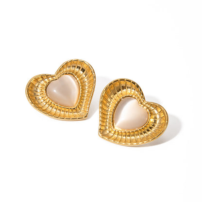 Gold Tone Cat Eye Stone Heart Stud Earrings