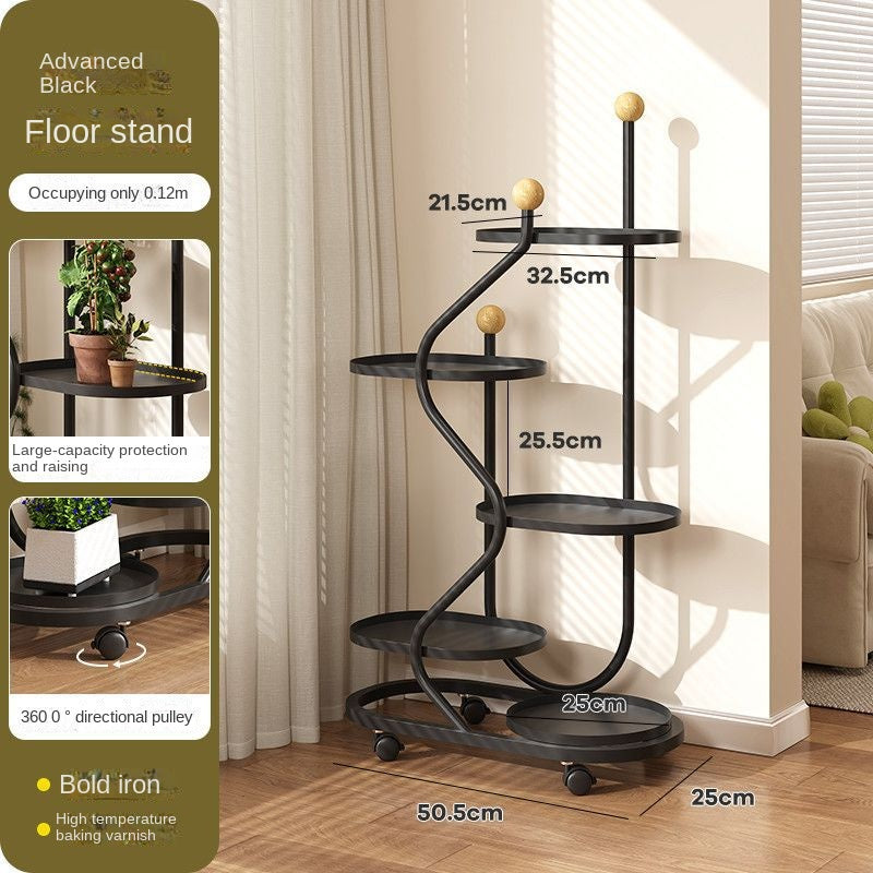 Multi-Layer Mobile Flower Stand with Wheels – Creative S-Shaped Metal Plant Shelf for Balcony