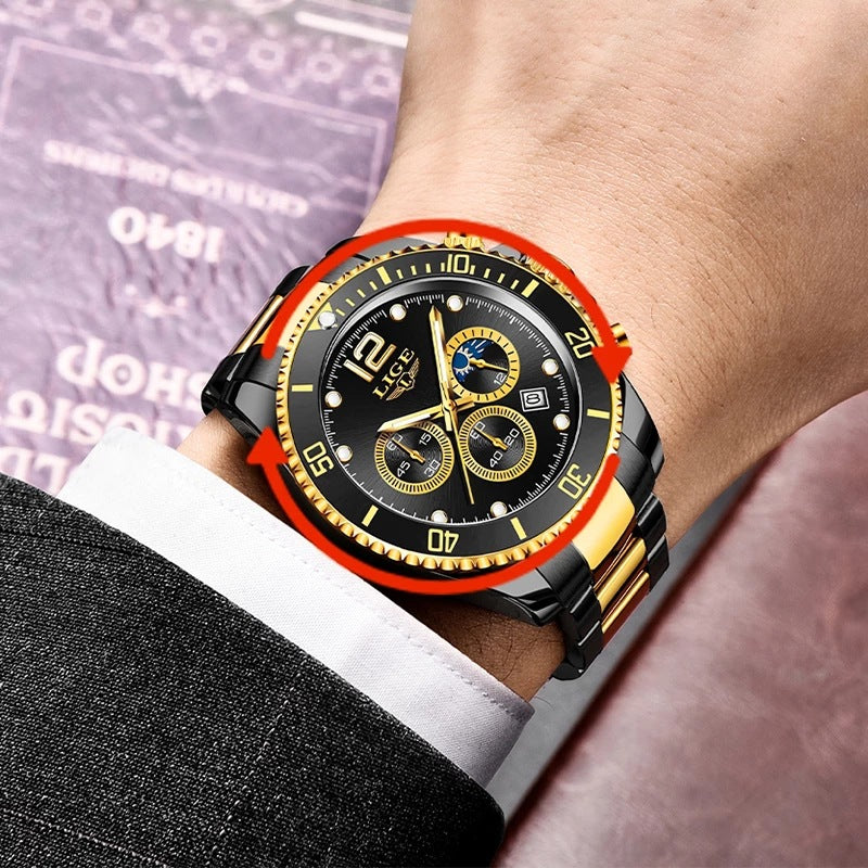 LIGE Luxury Men's Chronograph Quartz Watch - Waterproof Stainless Steel Sports Wristwatch