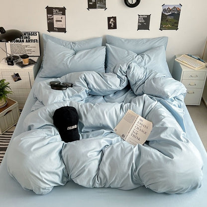 Premium Washed Cotton Double-Spliced Bedding Set – Soft Sky Blue & Cream 4-Piece Duvet Cover Set for Dormitory & Home